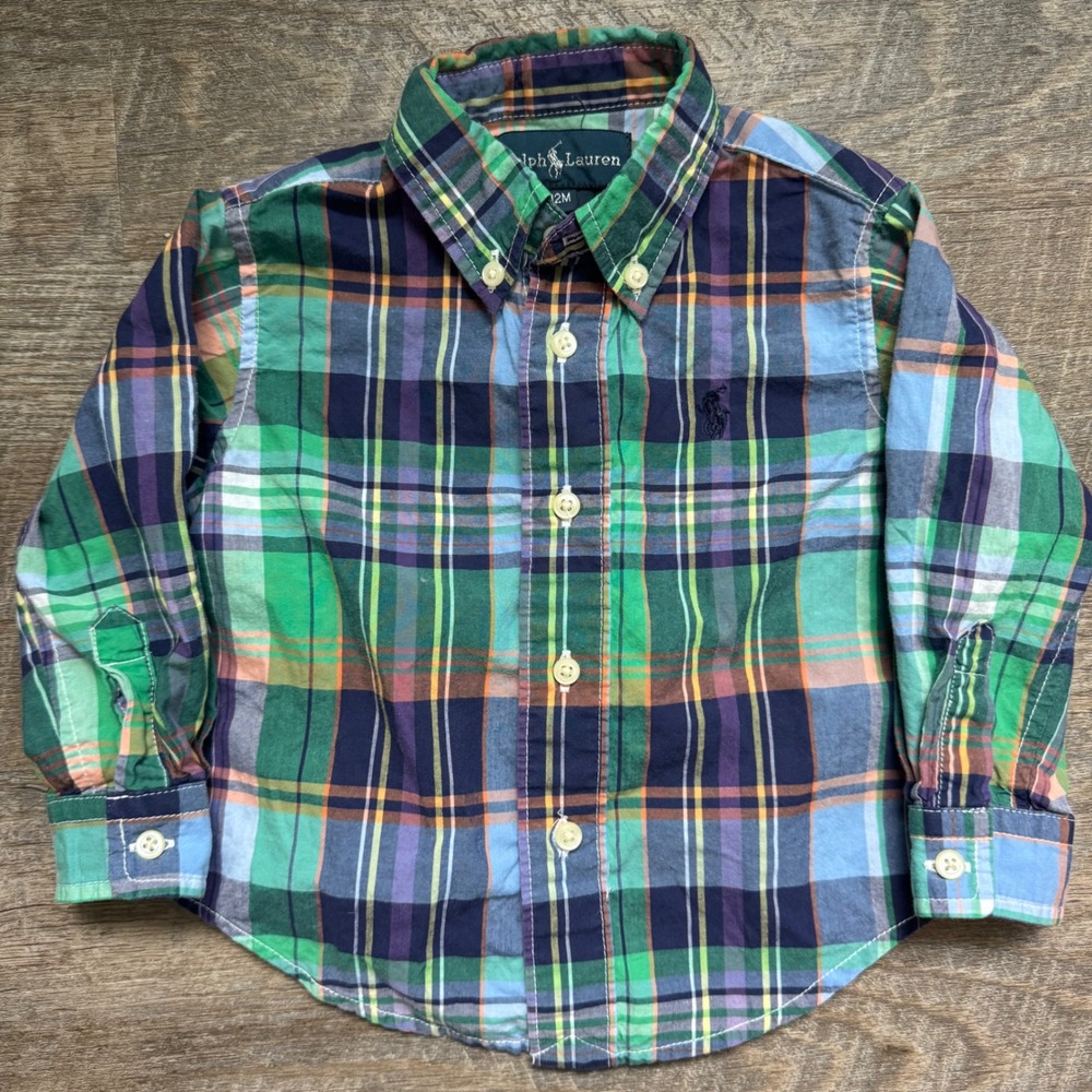 Ralph Lauren Polo Button Down Shirt 12M Regular Green Blue Plaid Roll Tab Sleeve